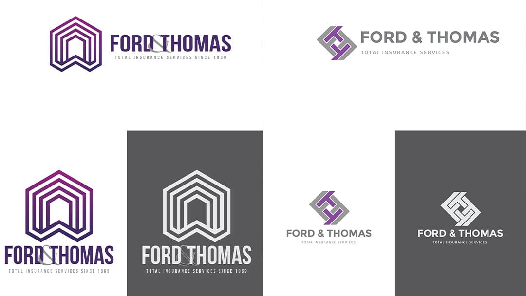 Samples of logo proofs for client ford and thomas
